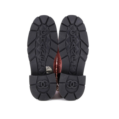 Chanel Women'S Charm Chain Cc Cap Toe Combat Boots Tweed And Leather