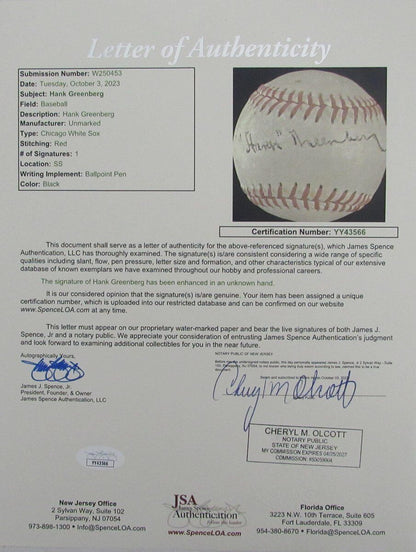 Hank Greenberg Hof Signed/Autographed White Sox