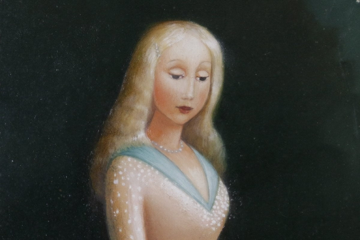 Original Oil Painting Starry Sky Polish Girl Cat Framed Bozena Duda