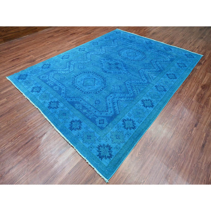7'8"X10'1" Blue Hand Knotted Overdyed Kazak Geometric Design All Wool Rug