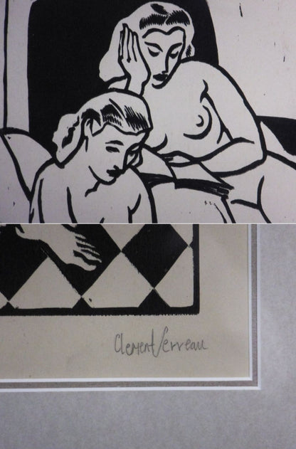 Clment Serveau 1945 Signed Woodcut "Moment Of Rest" French Nude Art Deco