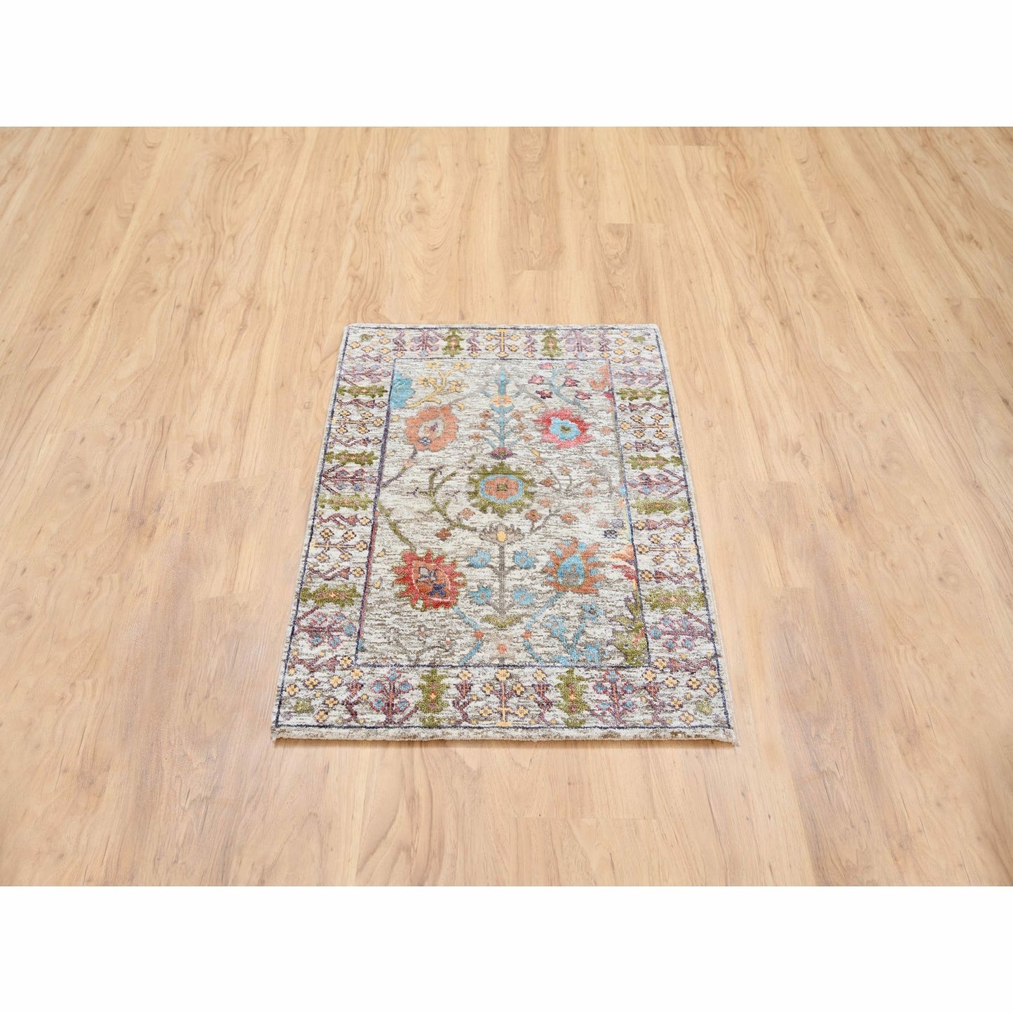 2'3"X3'2" Beige Silk With Textured Wool Hand Knotted Oriental Mat Rug