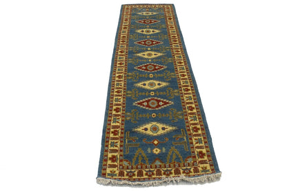 3X10 Ft Handmade Kazak Runner Rug Blue Geometric