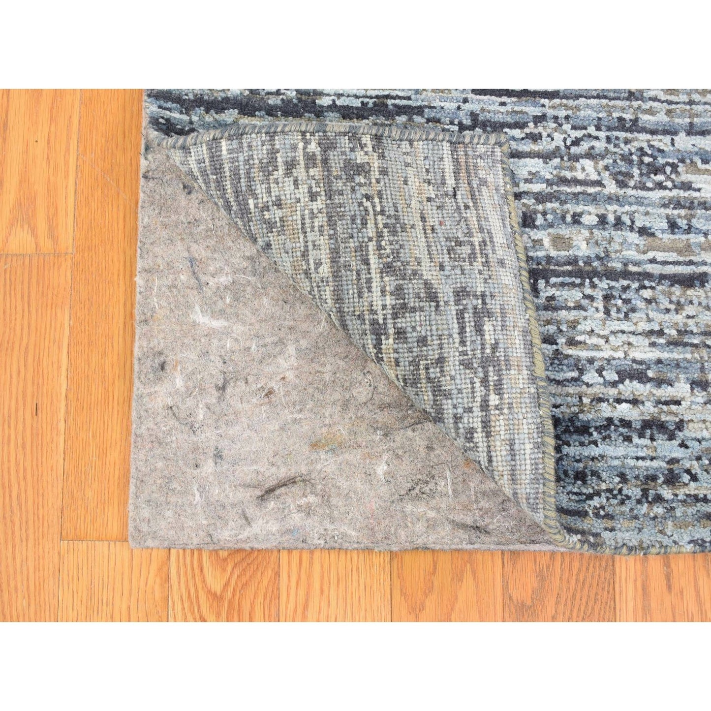 10'x14' Horizontal Ombre Design Hand Knotted Denim Blue Wool and Silk Rug