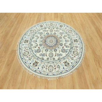 5'X5' Droplets White Hand Knotted Nain Center Medallion Floral Round Rug