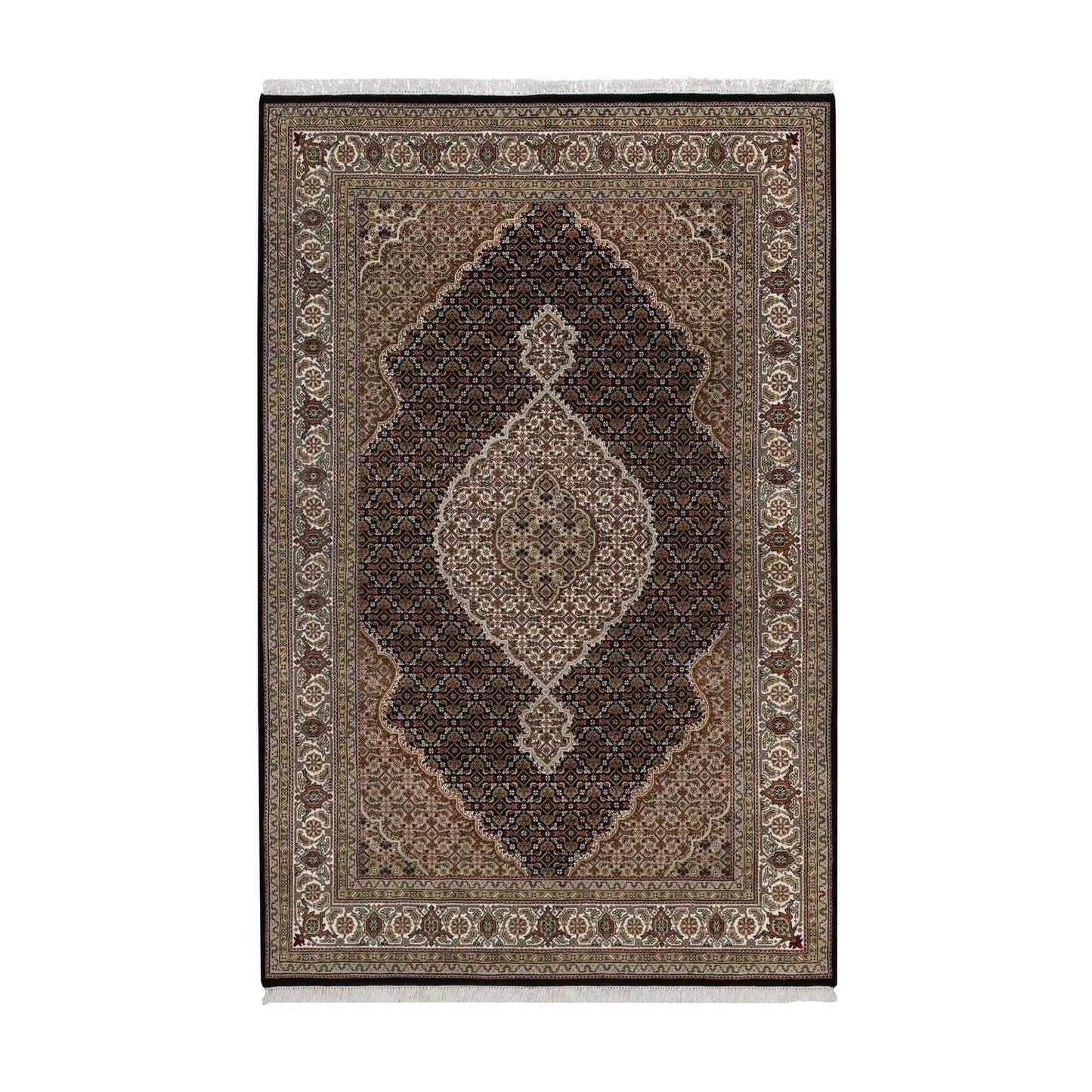 6'X9'1" Black Tebraz Mahi With Medallion Design Hand Knotted Wool Rug