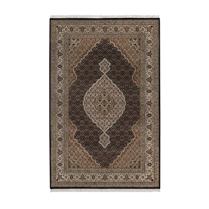 6'X9'1" Black Tebraz Mahi With Medallion Design Hand Knotted Wool Rug