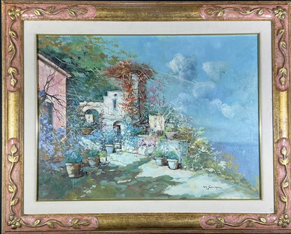 Large Framed Oil Painting Garden Flower Sanzone Signed Italian Landscape