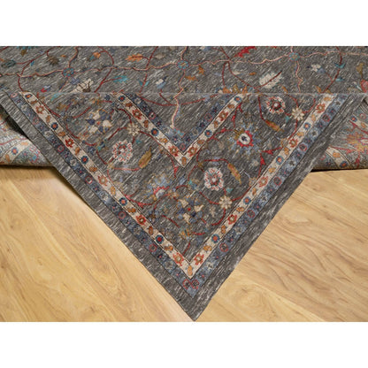 9'X12'1" Brown Scrolls Leaf Design Striae Hand Knotted Silk And Wool Rug