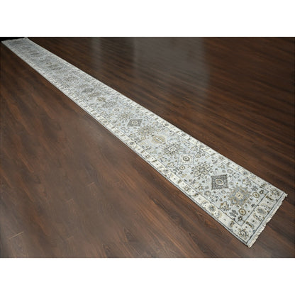 2'7"X25'10" Cloud Gray Hand Knotted Karjihooz Design Wool Xl Runner Rug