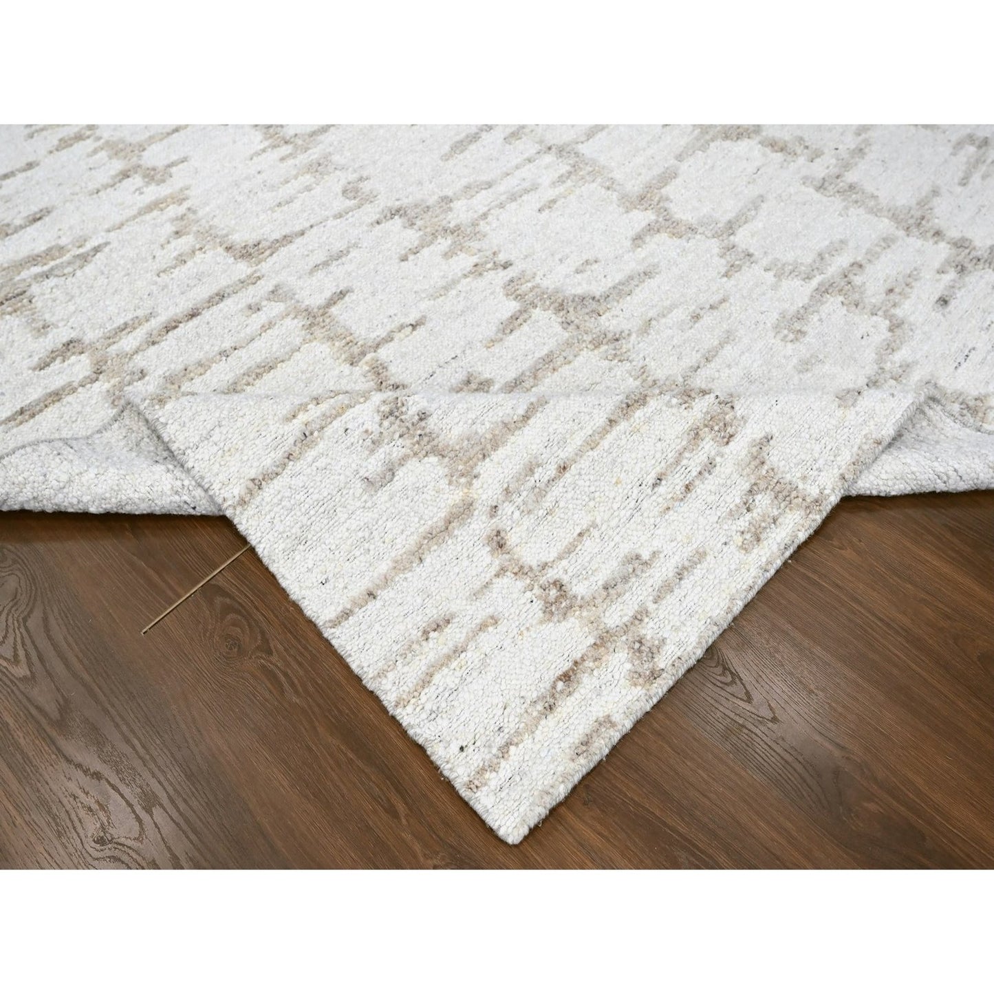 9'10"X13'10" Ivory Flat Weave With Pile Modern Hand Knotted Pure Wool Rug