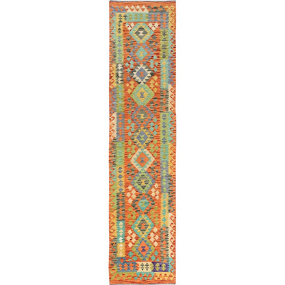 2'9"X12'8" Orange Afghan Kilim Pure Wool Hand Woven Flat Weave Runner Rug