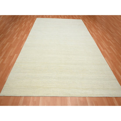 9'X11'10" Chiffon White Plain Solid Design Textured Wool Hand Knotted Rug