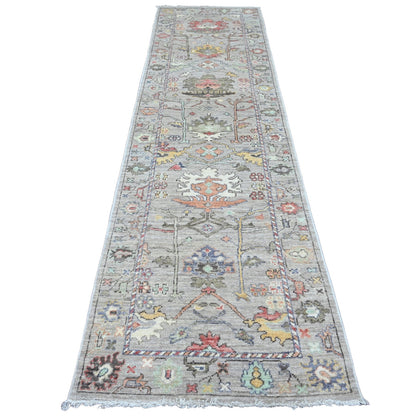 3'X11'7" Gray Hand Knotted Angora Oushak Leaf Design Pure Wool Runner Rug
