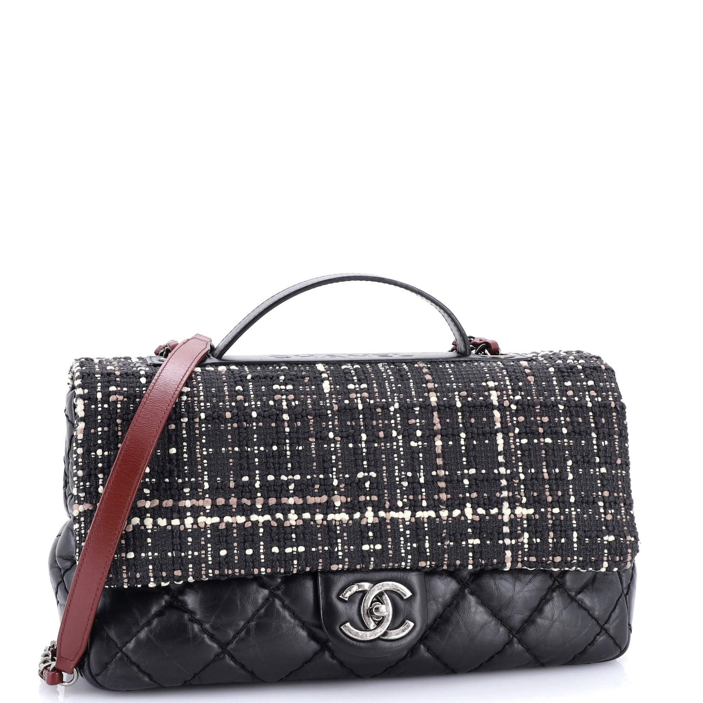 Chanel Cc Top Handle Flap Bag Tweed And Quilted Aged Calfskin Medium
