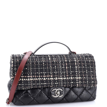 Chanel Cc Top Handle Flap Bag Tweed And Quilted Aged Calfskin Medium