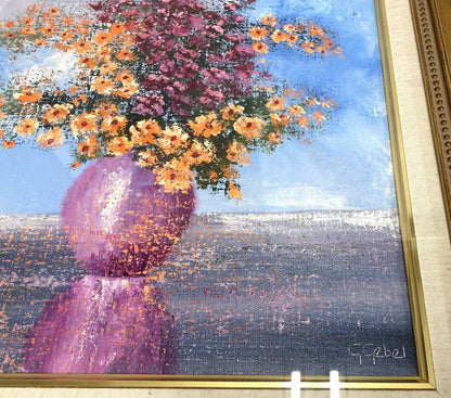 Gerard Gebel Pink Vase Original Oil Painting Flowers Impressionist French Art