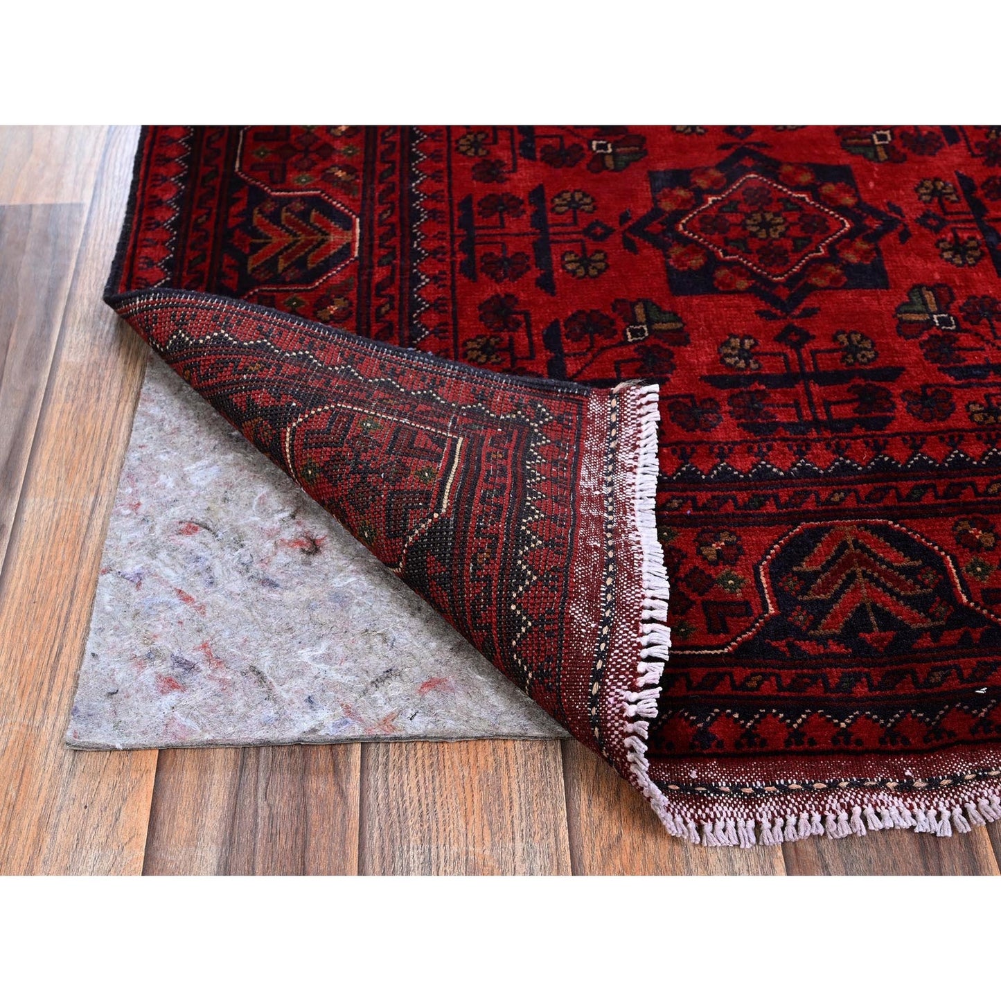 2'9"X3'10" Red Hand Knotted Afghan Khamyab Tribal Design Wool Sample Rug