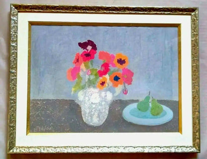 Bernard Myers Original Oil Pastel Drawing - Flowers And Pears - Signed British