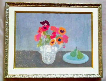 Bernard Myers Original Oil Pastel Drawing - Flowers And Pears - Signed British
