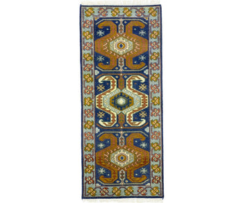 Navy Blue Geometric Tribal Kazak Rug Wool