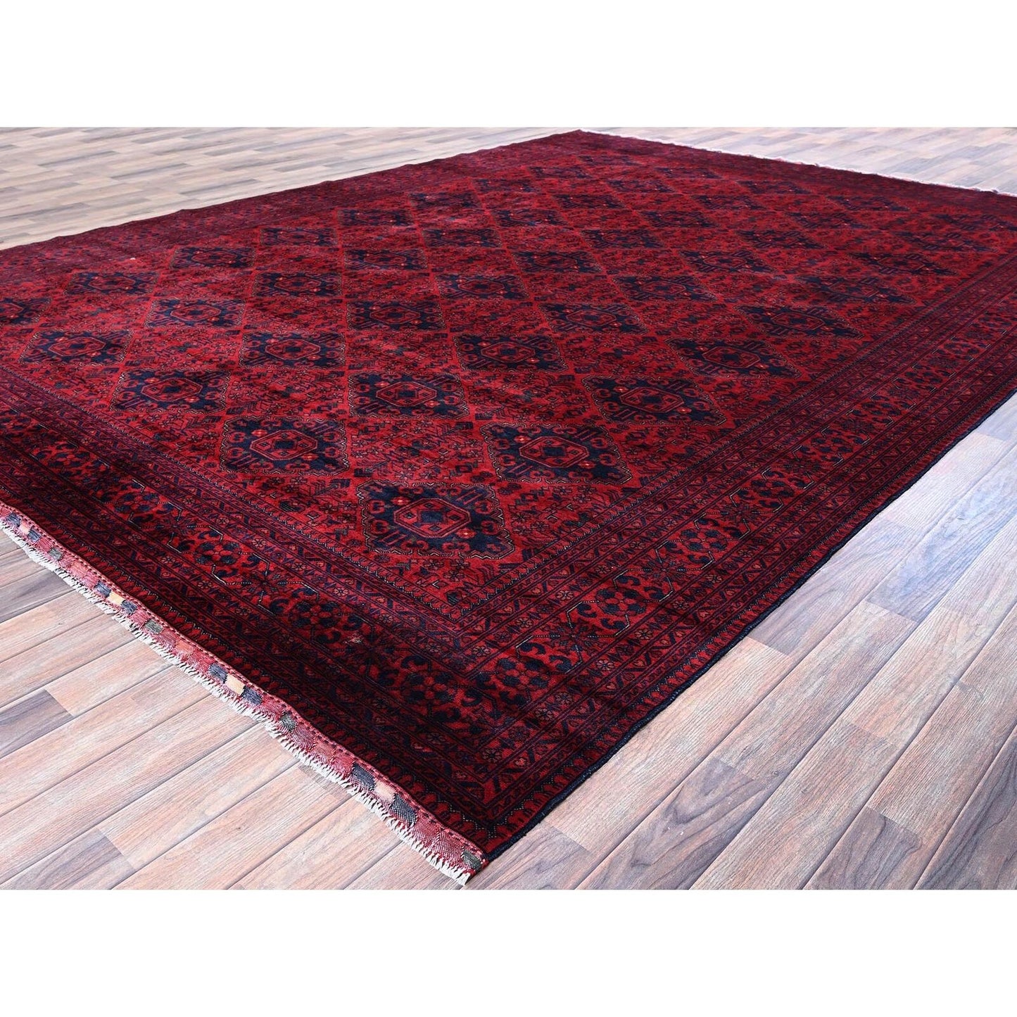 9'10"X13'2" Red Afghan Khamyab Geometric Design Soft Wool Hand Knotted Rug