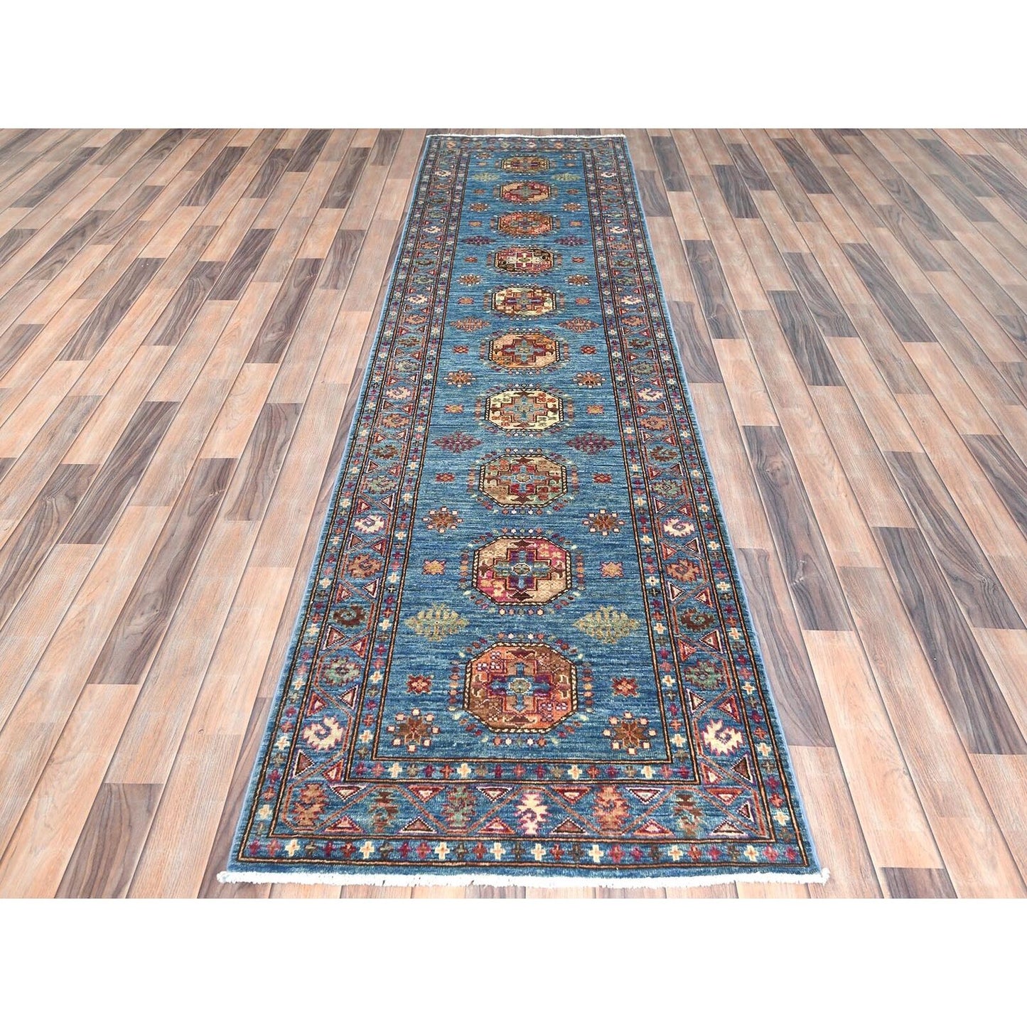 2'7"X9'9" Steel Blue Afghan Super Kazak Wool Hand Knotted Oriental Rug