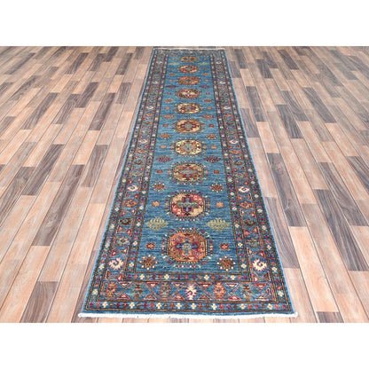 2'7"X9'9" Steel Blue Afghan Super Kazak Wool Hand Knotted Oriental Rug