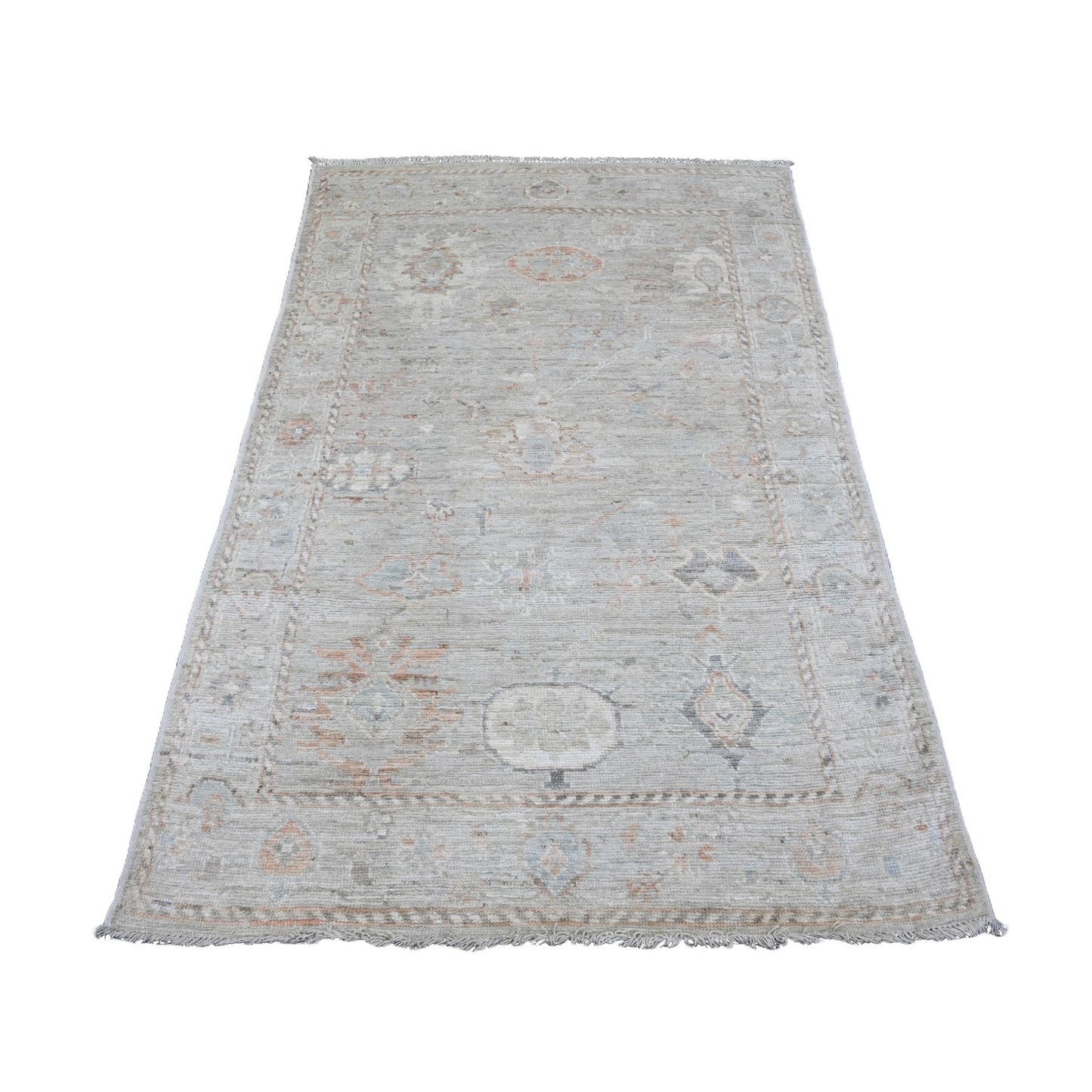 4'X6' Gray 100% Wool Afghan Angora Oushak Leaf Pattern Hand Knotted Rug