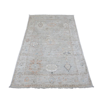 4'X6' Gray 100% Wool Afghan Angora Oushak Leaf Pattern Hand Knotted Rug