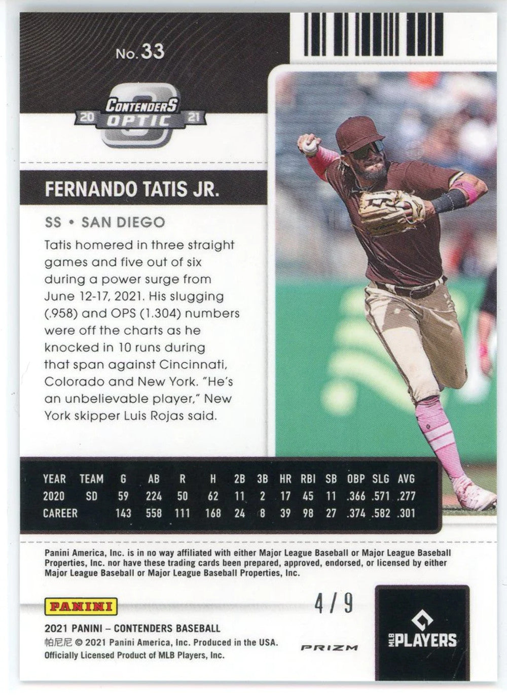 Fernando Tatis Jr. 2021 Panini Contenders Optic Season Ticket Pink Prizm Card #3