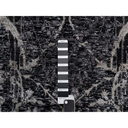 6'X8'10" Obsidian Black Wool And Silk Hand Knotted Sickle Leaf Design Rug