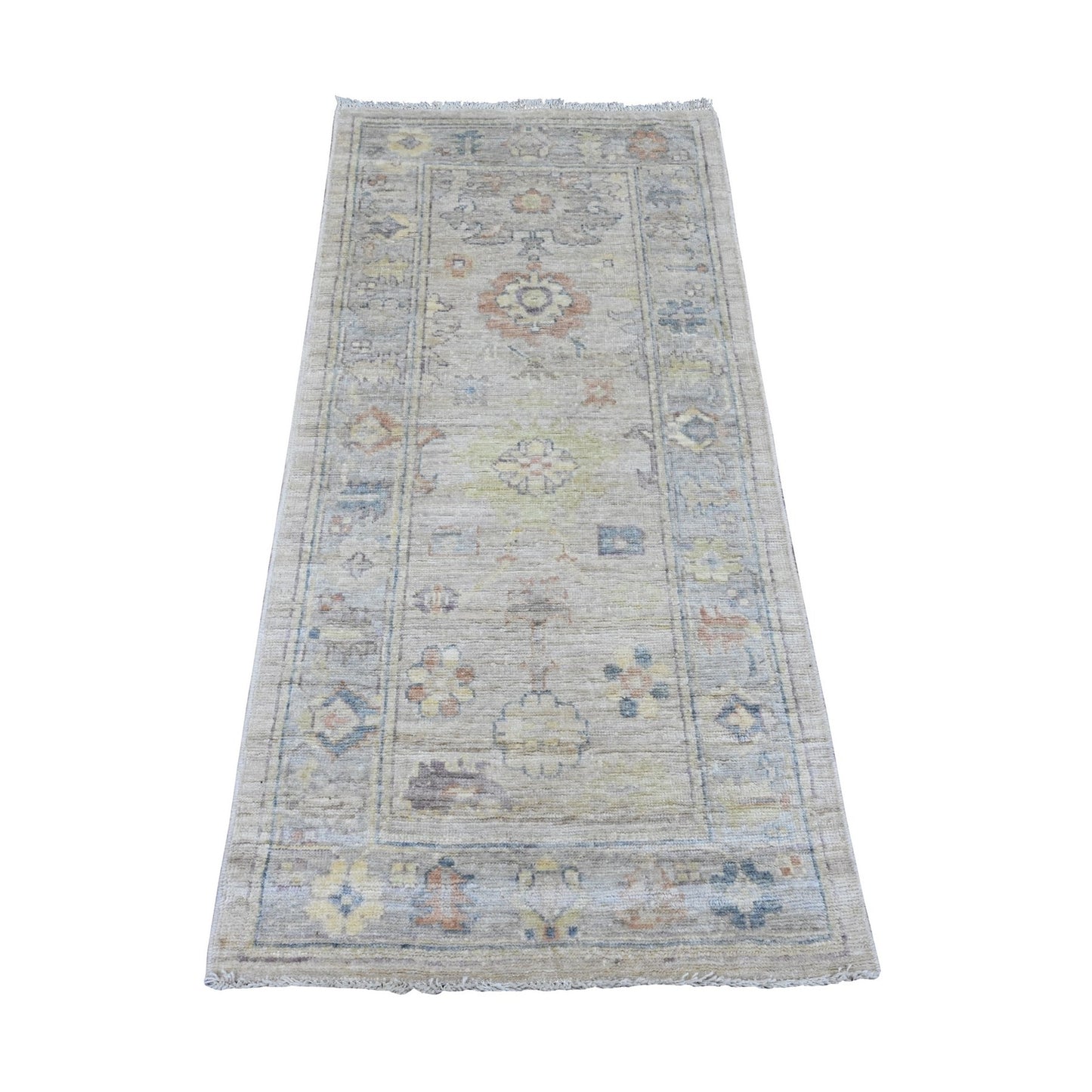 2'8"X5'7" Gray Angora Oushak Leaf Design All Wool Hand Knotted Runner Rug