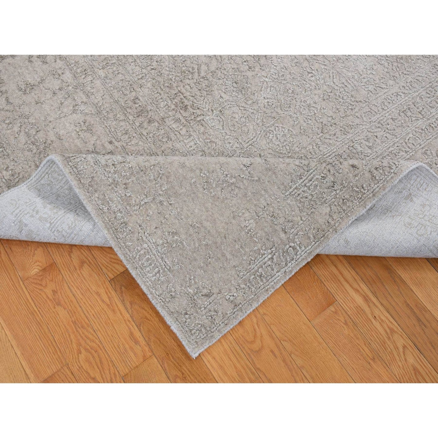 9'10"X14'1" Taupe Fine Jacquard Loomed Wool Silk Zoroastrian Design Rug