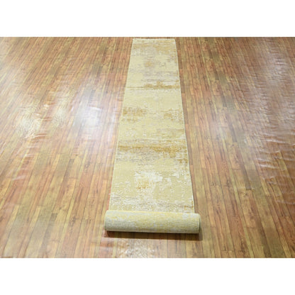 2'6"X19' Ivory Abstract Design Wool And Silk Hand Knotted Xl Runner Rug