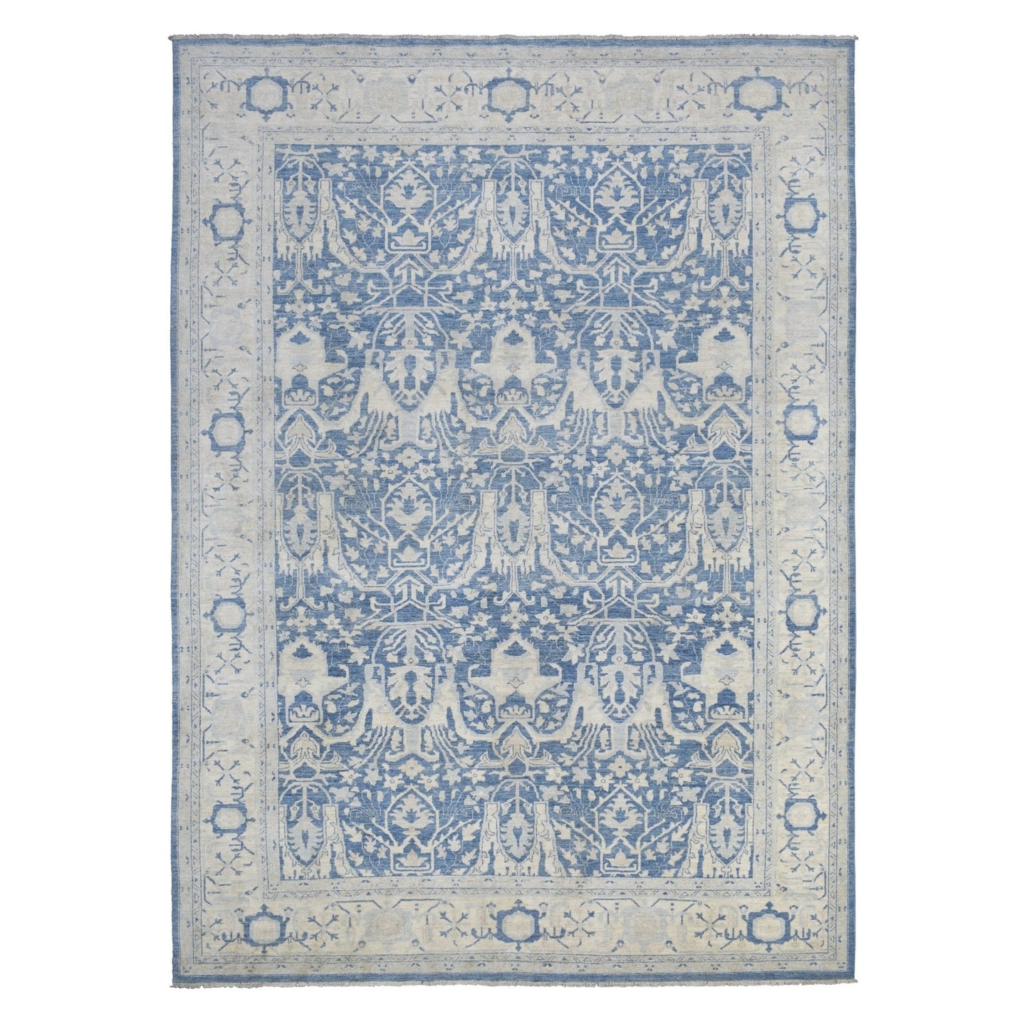 9'8"X13'5" Blue Soft Wool Hand Knotted White Wash Peshawar Rug