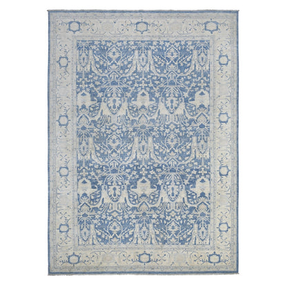9'8"X13'5" Blue Soft Wool Hand Knotted White Wash Peshawar Rug