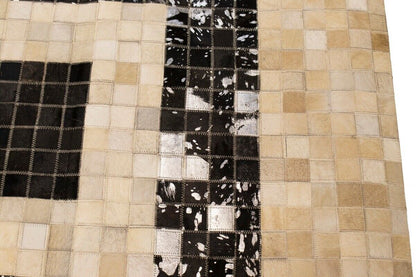 Hand-Stitched Black Beige Cowhide Leather Rug 4X6