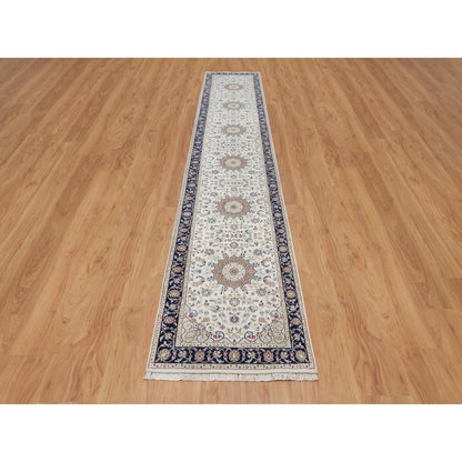 Rug 2'8"x14'4" Ivory Nain Medallion Design Wool & Silk Hand Knotted Runner
