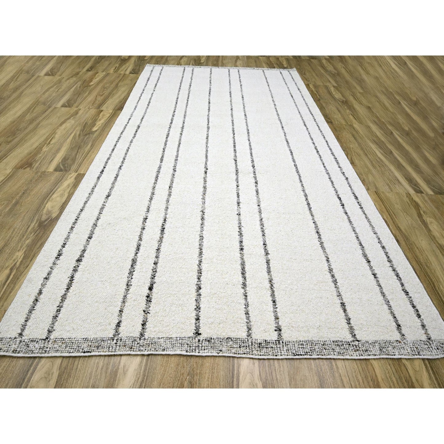 10'X14' White Moroccan Weave Line Design Textured Wool Hand Knotted Rug