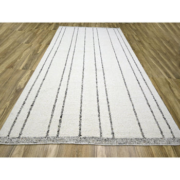 10'X14' White Moroccan Weave Line Design Textured Wool Hand Knotted Rug