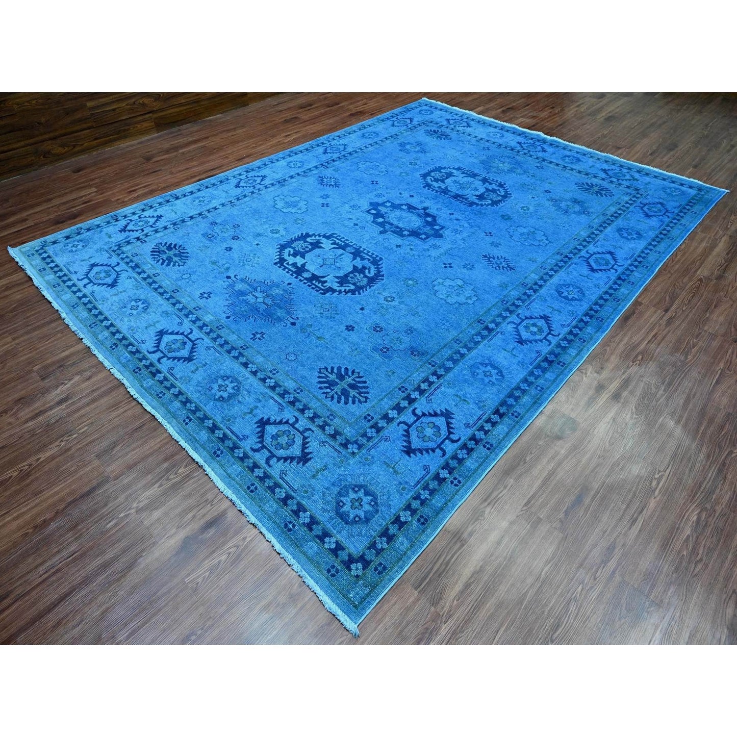 Rug 8'8"x11'9" Blue Hand Knotted Overdyed Kazak Geometric Design All Wool