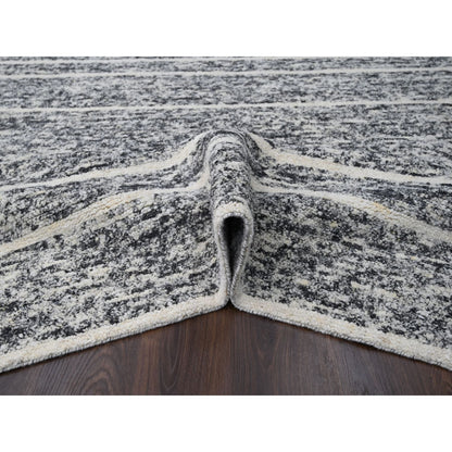 8'2"X9'10" Black And Ivory Modern Striae Design Wool Hand Knotted Rug
