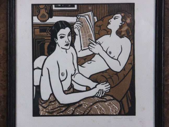 Clment Serveau 1946 Signed Woodcut "Two Reclining Nudes" French Art Deco