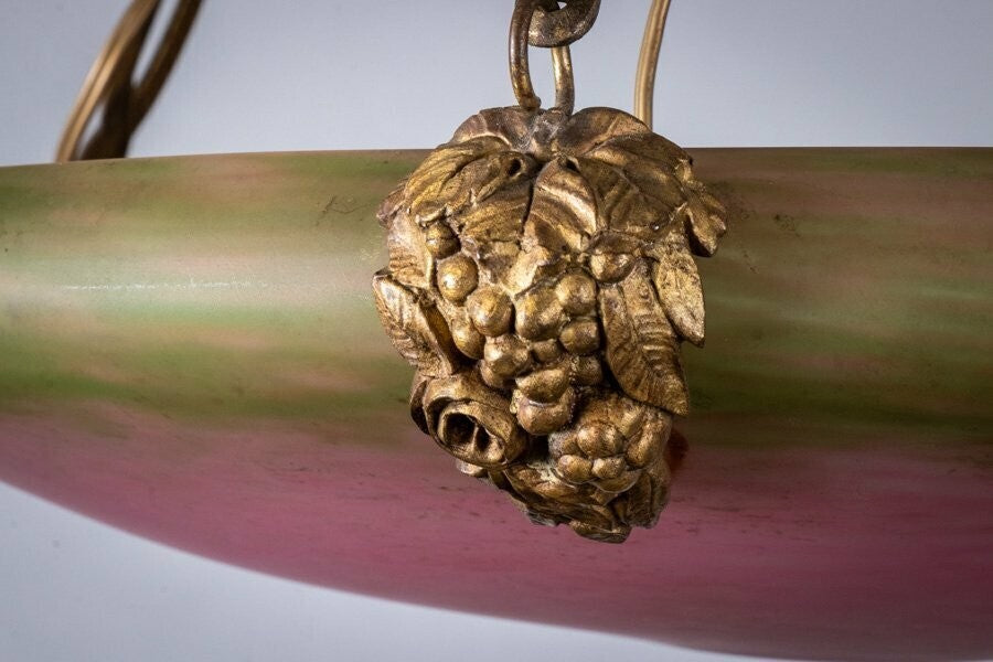 Schneider Signed Chandelier Gilt Bronze Art Glass French Art Deco Excellent