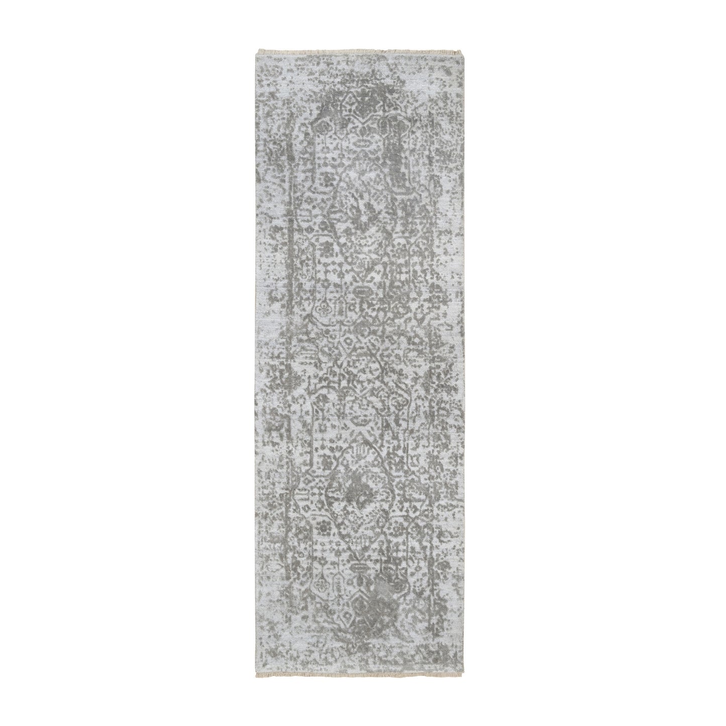 2'7"x7'9" Wool and Pure Silk Hand Knotted Gray Broken Farsian Runner Rug