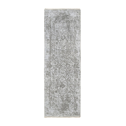 2'7"x7'9" Wool and Pure Silk Hand Knotted Gray Broken Farsian Runner Rug