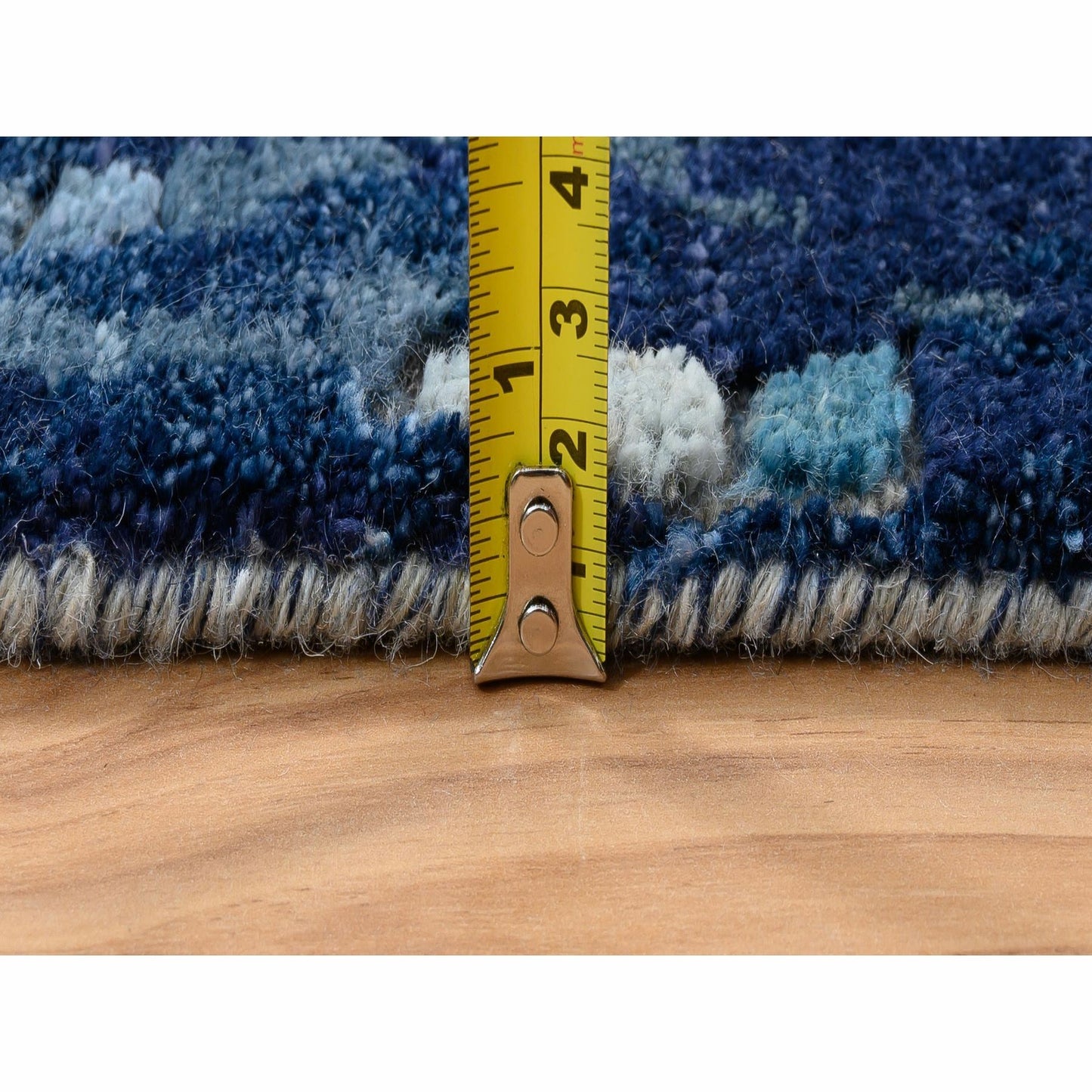 2'6"X8' Denim Blue Mosaic Design Wool And Silk Hand Knotted Runner Rug