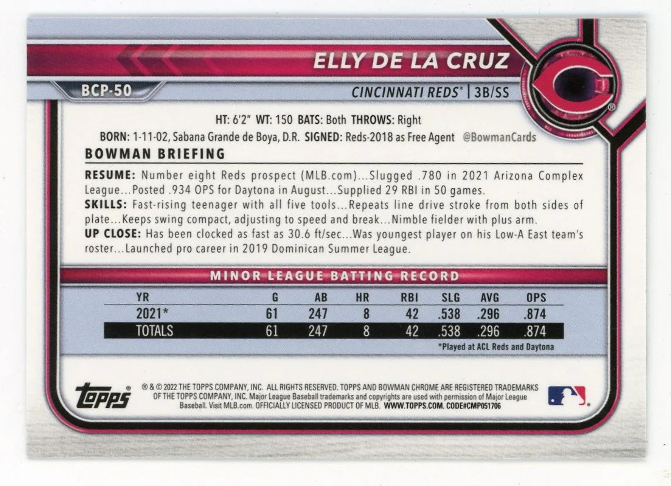 Elly De La Cruz 2022 Topps Bowman Chrome #Bcp-50 Card