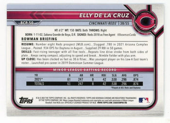 Elly De La Cruz 2022 Topps Bowman Chrome #Bcp-50 Card